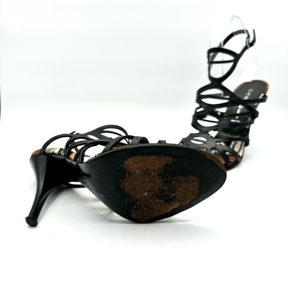CASADEI BLACK LETTER STRAPPY SANDALS ANKLE BROWN NEUTRAL HEELS TRIBAL SANDALS 7 - Picture 14 of 15